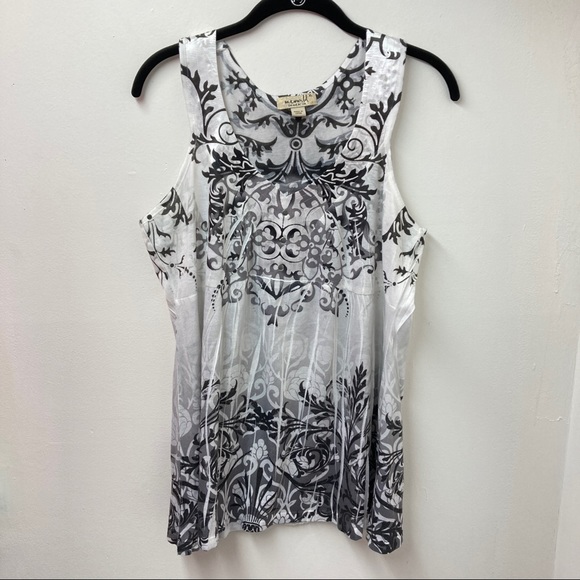 One World Sleeveless Black White Floral V Neck Top XL